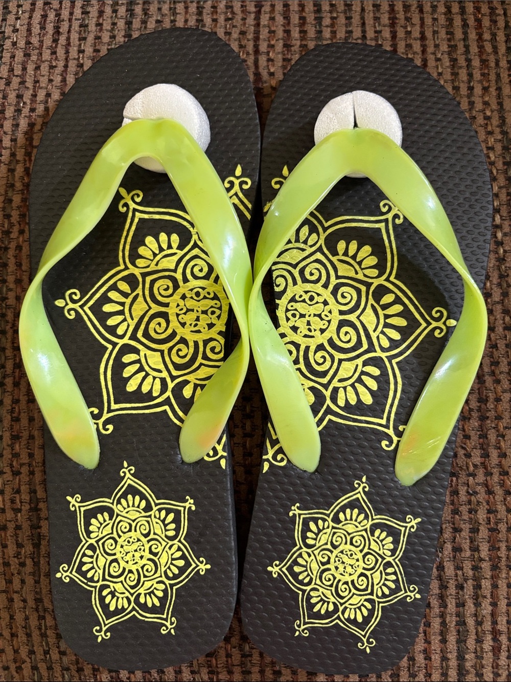 Black Flip Flops with Neon Green Mandala Floral Print and Lime Straps